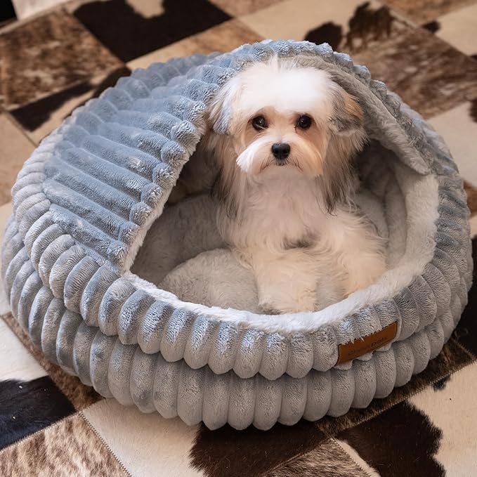 CHEERPALS Cat Cave Bed for Indoor Cats, Washable Covered Cat Bed Hooded Kitty Bed Soft Fluffy Pet Bed for Puppy and Small Dog(Dark Blue)
