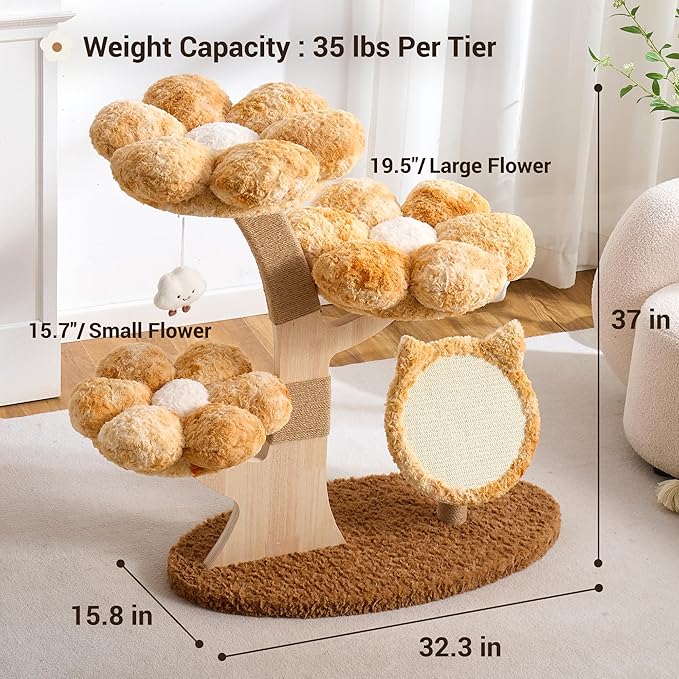 Aesthetic Flower Cat Tree Tower with Scratching Post for Indoor Cats, 37" Modern Cat Tree with Wood Sculpted Branch, Flower Cat Beds, Scratching Board & Interactive Squeaky Toy, Sunset Brown