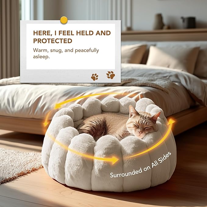PETNOVO Pumpkin Cat Bed, Cream Plush Donut Cuddler with High Bolster, Non-Slip Cozy Nest for Indoor Cats up to 13 lb and Small Dogs, 20L x 20W x 12H Inch