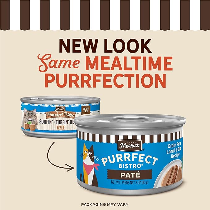 Merrick Purrfect Bistro Grain Free Premium Soft Canned Pate Adult Wet Cat Food, Surfin’ And Turfin’ Recipe - (Pack of 24) 3 oz. Cans