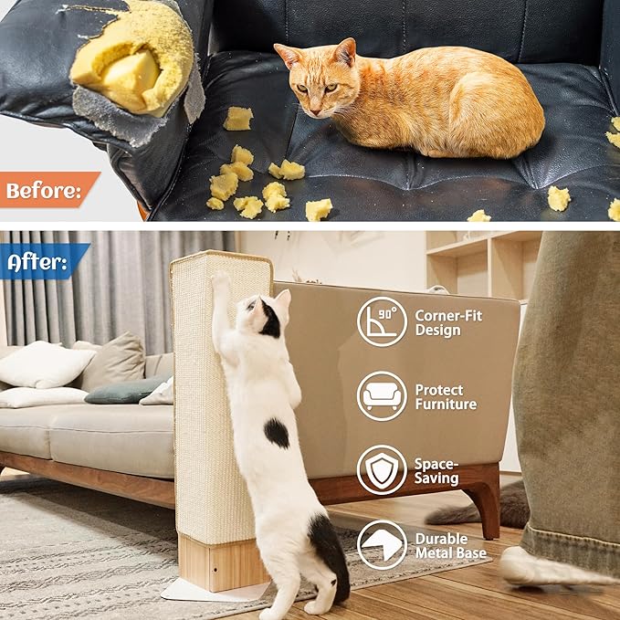 PETKARAY Couch Corner Cat Scratcher, 28" Corner Scratching Post Wall Scratcher, Sisal Furniture Protector for Sofa with Reversible Base, Large