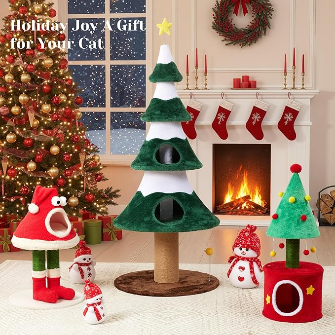 62" Cat Tower for Indoor Cats, Multi-Level Wooden Cat Tree with Sisal Scratching Posts, Cozy Cat Beds & Modern Holiday Design, Green