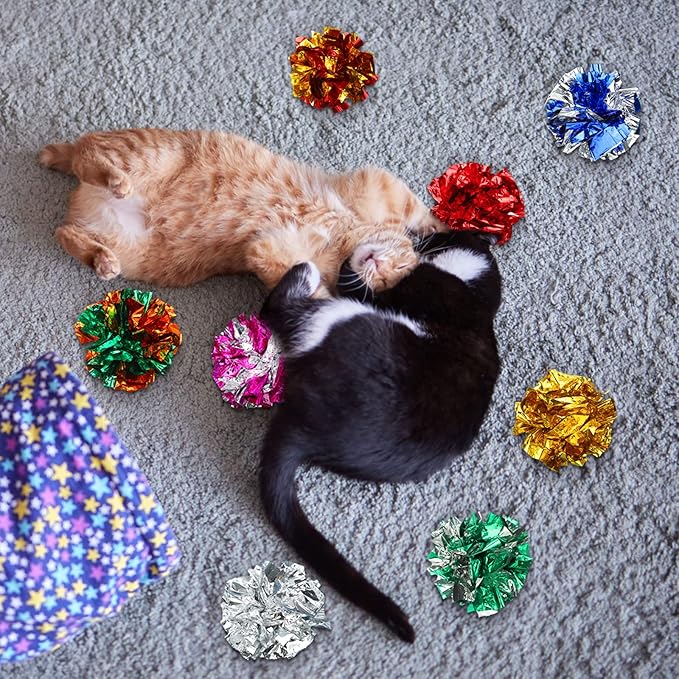 Silkfly 30 Pcs Polyester Film Crinkle Balls Cat Toys 2.36" Interactive Crinkle Ball, Colorful Balls Chew Toy for Cat Chase Ball Toys Attract Cats for Indoor Cats and Kittens to Keep Fit and Active
