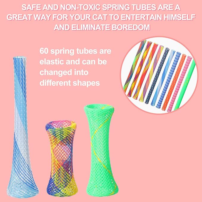 Leitee 60 Pcs Cat Spring Toys Kitten Colorful Fun Tubes Indoor Interactive Cat Tube Plastic Coil for Pet Hunt Scratching(Random Colors)
