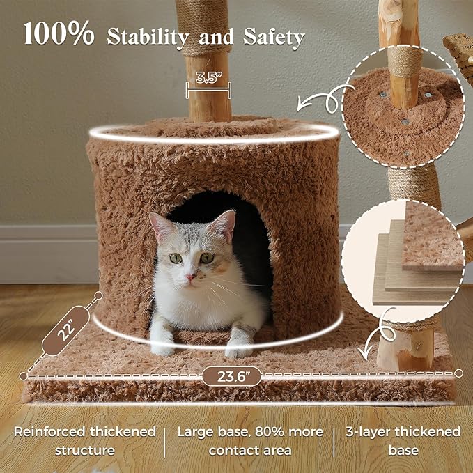 MUTTROS 59" Cat Tree Tower with Real Solid Wood Natural Branch, Modern Cat Tree for Large Cats w/3 Handwoven Wicker Baskets- Luxury Boho Cat Furniture w/Condo & Soft Hammock, Scratching Post, Brown