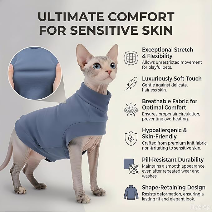 Sphynx Cat Clothes - Breathable Fleece Hairless Cat Pajamas, Ultra-Soft Slate Blue Cat Sweater for Winter & Indoor, Anti-Static & Sensitive Skin Friendly, Lightweight Warmth, (Medium)