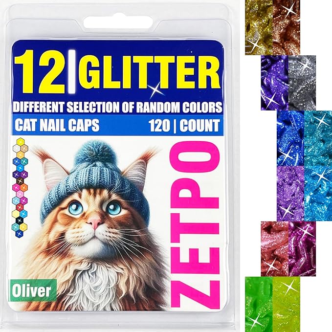 zetpo Glitter Cat Nail Caps | Cat Claw Covers | with Adhesives and Applicators (12x Glitter | 120 pcs, L)