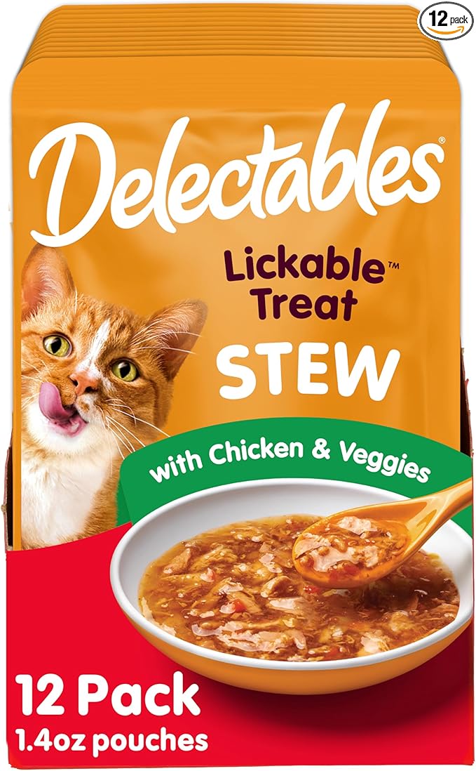 Delectables Lickable Treat Stew Wet Cat Treat with Real Tuna & Shrimp, Food Topper, Hydrating, Grain-Free, No Fillers, No By-Products, No Added Preservatives, 1.4oz Pouch, 12ct