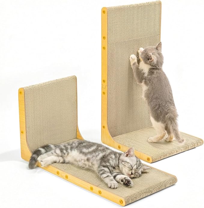 Conlun Cardboard Cat Scratcher, 23" L-Shaped Scratch Pad, Vertical Wall-Leaning Scratching Board to Protect Furniture for Indoor Cats,Wood Grain Large,2-Pack