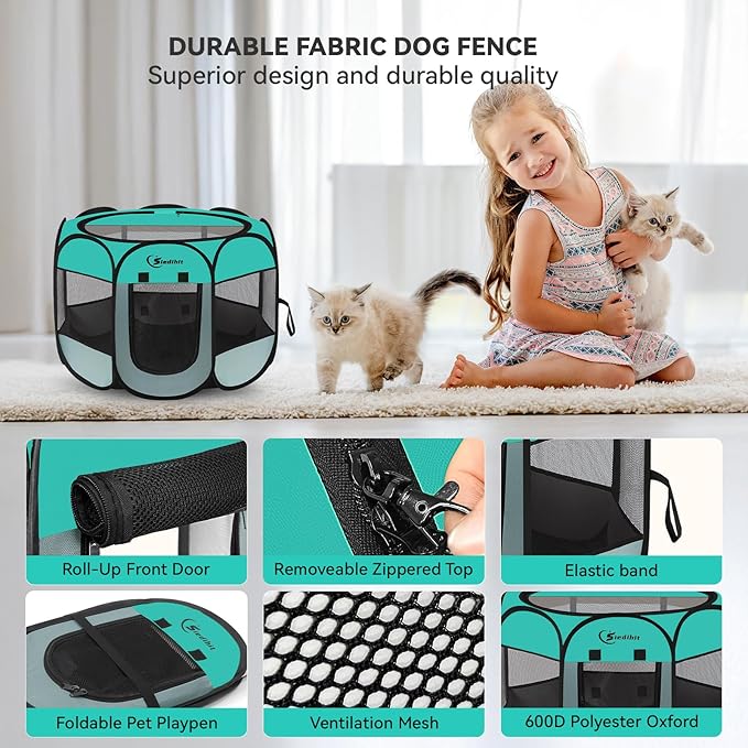 Pink Puppy Playpen for Middle Dog Cat, Dogs Tent Crate Cage Indoor/Outdoor, Portable Pop Up Dog Kennel with Carrying Bag for Rabbits, Removable Top (Green, Small)