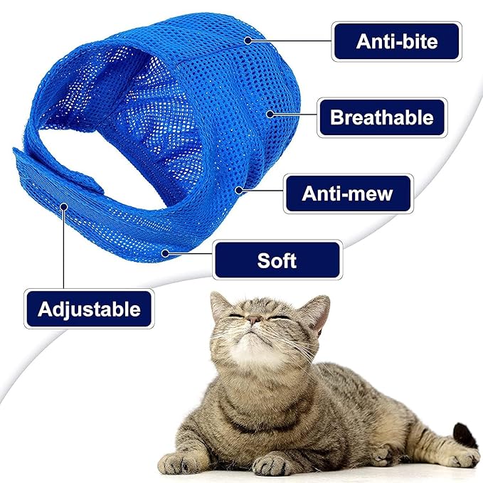 6 Pcs Cat Bathing Grooming Set - Adjustable Mesh Bathing Bag, Nail Clipper, Mesh Muzzle, Massage Brush, Tick Remover Tool & Nail File (Blue)