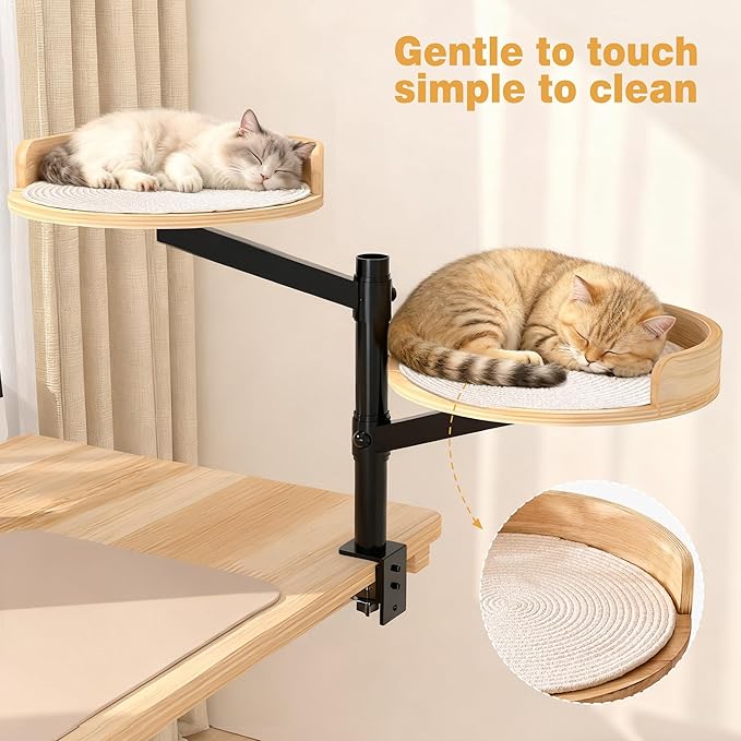 Cat Desk Bed for Indoor, 15.75" Double Cat Beds for Desk with Mats, 360° Rotating & Height Adjustable, Each Supports up to 22kg/48.5 lb, Modern Furniture for Office Desks and Gaming Tables