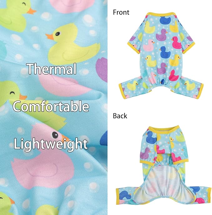 Dog Pajamas Small Sized Boy Girl, Cotton Stretchable Pet Clothes Jammies Puppy Outfits for Dogs Female Male, Spring Summer Doggie Doggy Pjs (Blue Duck, L)