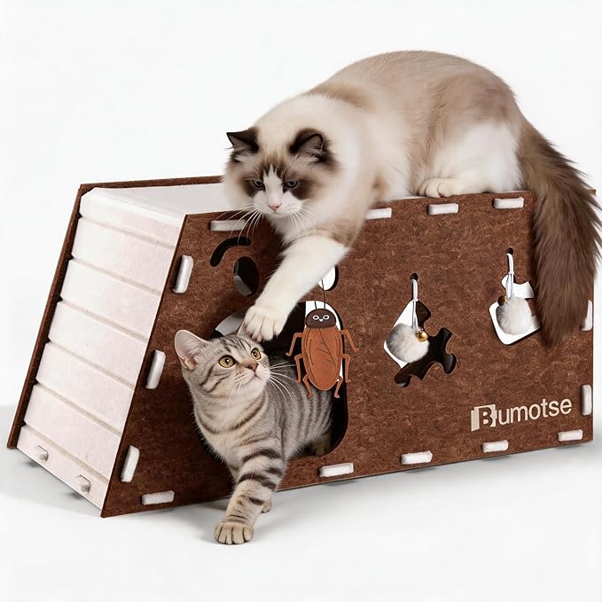 Interactive Felt Cat Tunnel for Indoor Cats with Catnip Toy, Modular Cat Cave House for Scratching, Play, Hiding & Sleeping, Durable Washable Cat Condo for Large Cats Up to 22LB,Coffee