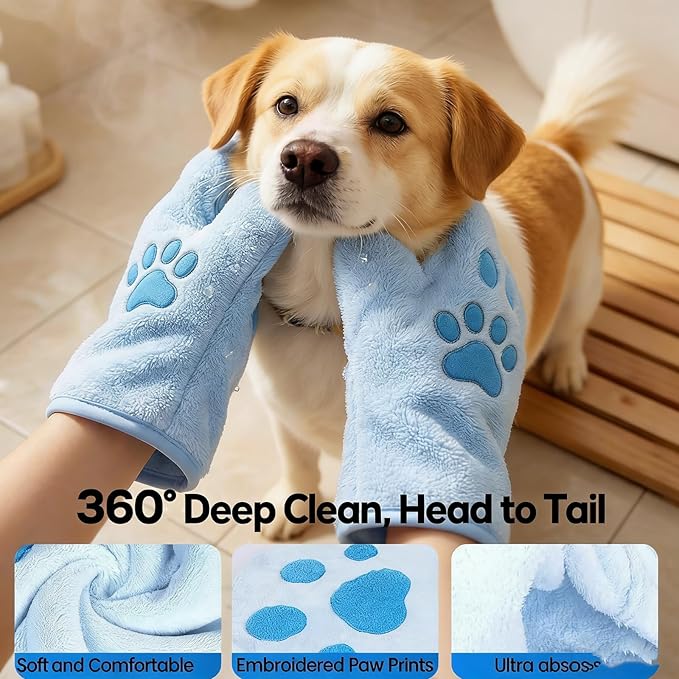 Paw Bathing Towel for Cats Puppy, Machine-Washable Reusable Pet Grooming Towel - Soft, Absorbent Quick-Dry Bath Mitt for Dirt Odor Removal, Daily Care & Travel -Blue