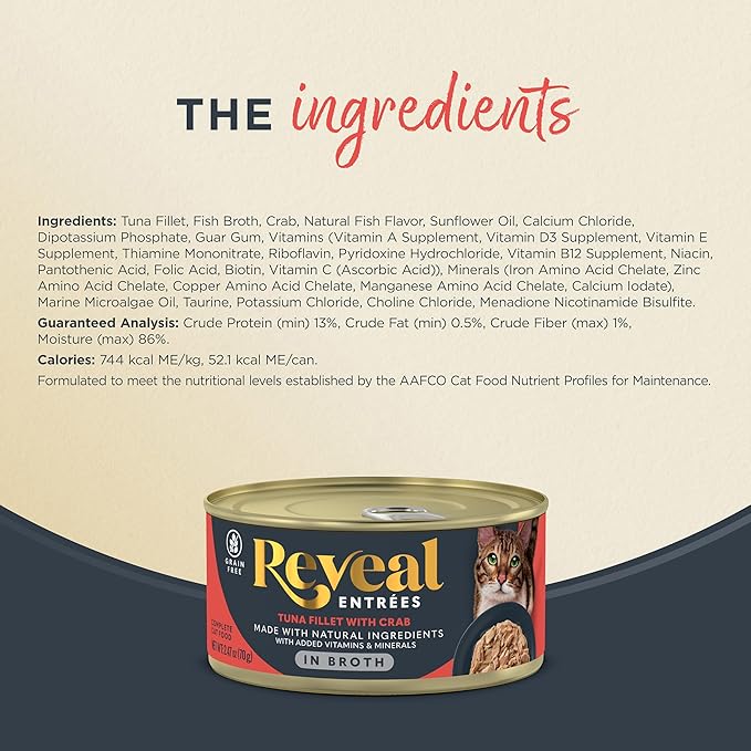 Reveal Entrées Natural Wet Cat Food, Grain-Free with Added Vitamins & Minerals, Carrageenan-Free and High Protein, Tuna Fillet with Crab in Broth (24 x 2.47 oz Cans)