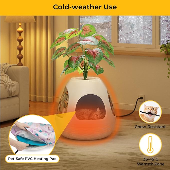 Copod8 Cat Beds for Indoor Cats 4-in-1 Cat Bed Cave Kitten House with Replaceable Scratching Board, Heating Pad, Air Purifier and Artificial Plant for Cats Rabbits Guinea Pigs Small Dogs (White)