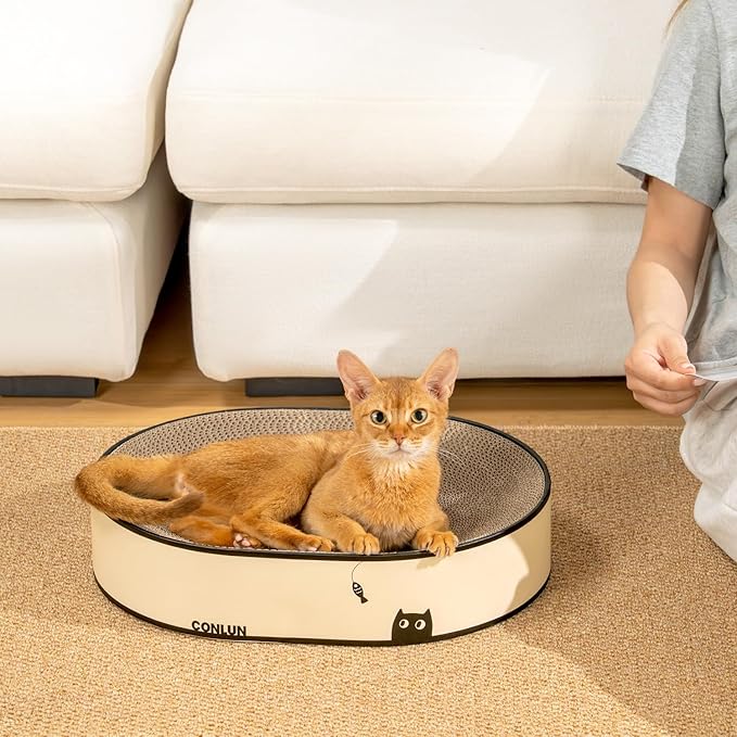 Conlun Oval Cat Scratcher Bed, 2-in-1 Cat Scratching Board, Natural Corrugated Cardboard Scratch Pad Lounge, Sealed Base Traps Debris,No Assembly Kitty Furniture,Stylish Colors Blends Any Home Decor