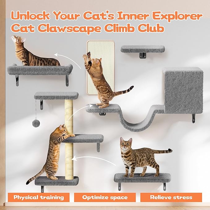 6-in-1 Wall Mounted Cat Climber Set for Heavy Cats，Wall Shelves,Stable & Safe Cat Furniture Set for Large Cats, Wooden Climbing Wall with Scratching Post (Gray)