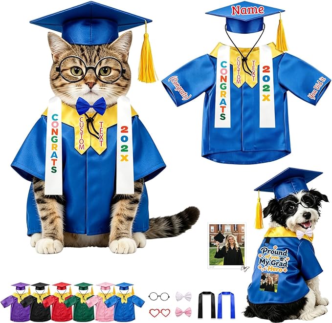 Personalized Cat Graduation Cap and Gown with Name Photo and Tassel, Custom Adjustable Pet Graduation Costume for Small Medium Large Cats Dogs Ceremony Photo Props