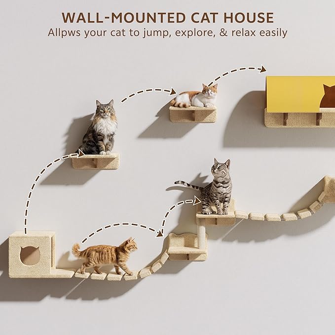 Cat Wall Shelves, Wall Mounted Pet Shelf Furniture w/Plush Fabric(26 Piece Set), 63''H Cat Tower w/Scratching Posts, Cats Furniture with 40''L Tunnel, Condos, House, Steps and Ladder, Beige