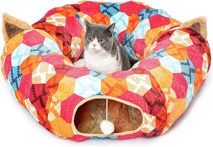 AUOON Cat Tunnel Bed for Indoor Cats - Large Cat Donut Tunnel with Hanging Ball Toy, Collapsible 2-in-1 Multifunctional Interactive Cat Toy for Kitten, Puppy, Rabbit, Ferret (Orange)