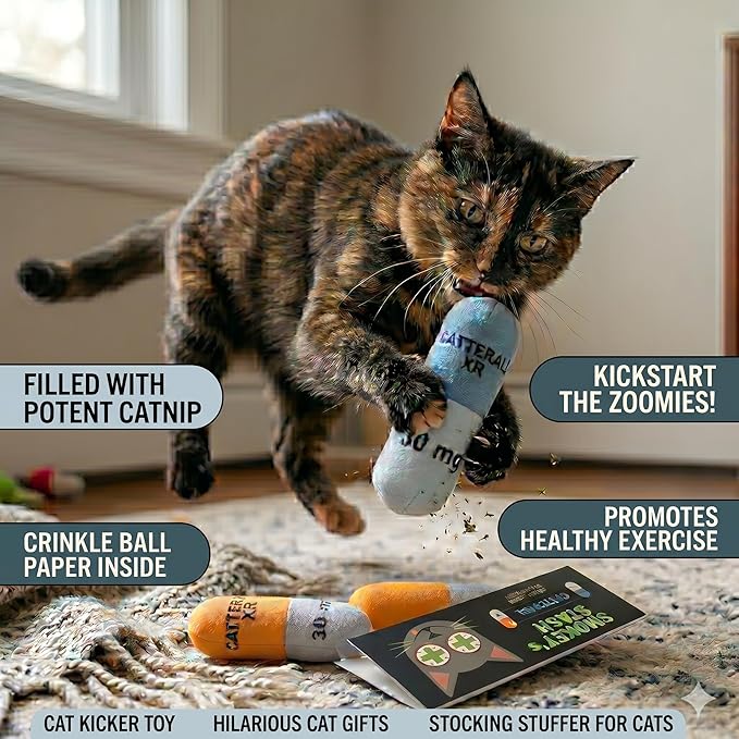 Smokey's Stash Catterall Catnip Toys – 4 Pack Plush Pill Toys with Potent Catnip & Crinkle Paper – Funny Parody Cat Toys for Indoor Cats & Kittens – Interactive Kicker Toys