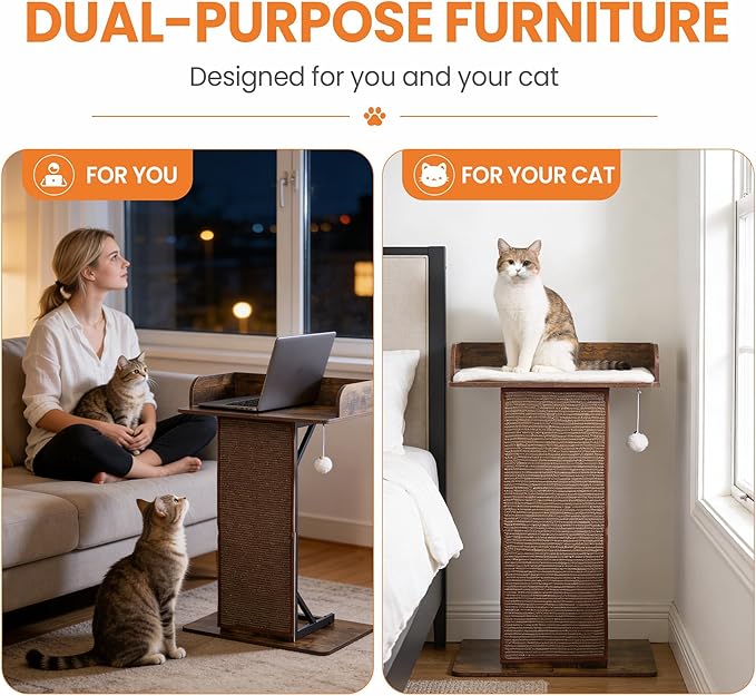 Modern Wood Cat Tree Tower for Indoor Large Cats, 33.8-Inch Tall Wooden Cat Trees with Big Perch Bed, Cat Scratching Pads, Washable Cushions and Scratching Mat, Cat Furniture, Rustic Brown