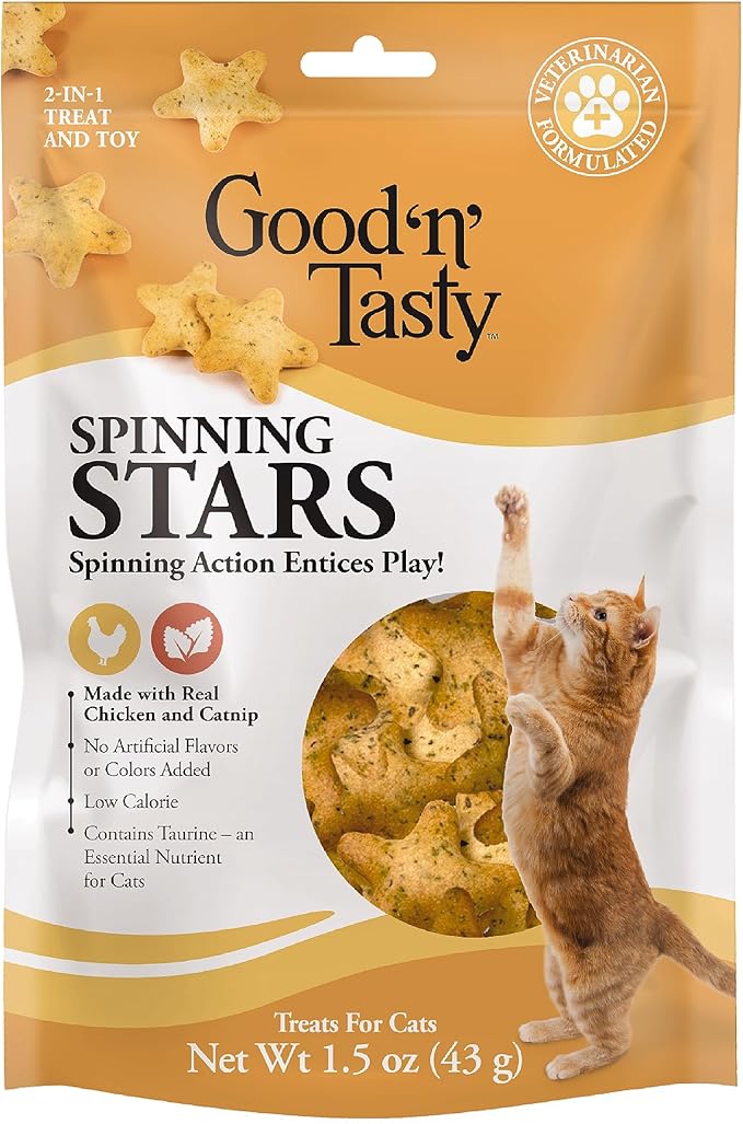 Good ‘n’ Tasty Spinning Stars Cat Treats, 1.5 Ounce Bag, 2-in-1 Treat & Toy Made with Real Chicken, Chicken Liver & Catnip, Encourages Playfulness & Low Calorie, 2 Pack