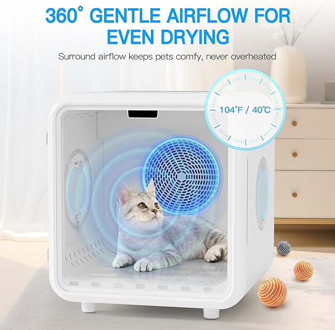 Fenbeli Pet Dryer Box for Cats and Small Dogs, 75L Extra-Large Quiet Pet Drying Room with Smart App Control, 360° Airflow, Adjustable Temperature & Time, Spacious Grooming Dryer for Home Use