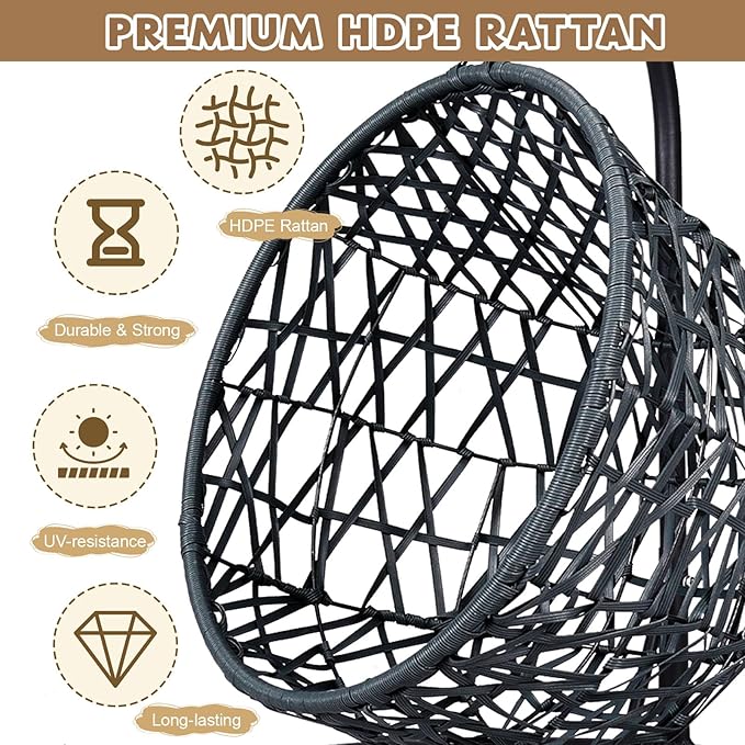 Cat Swing Bed with Stand & Cushion Indoor Outdoor, Cat Egg Chair with Rattan Wicker Appearance, Indoor Hanging Swinging Hammocks Cats Bed for Cat, Dogs, and Small Animals (Gray)