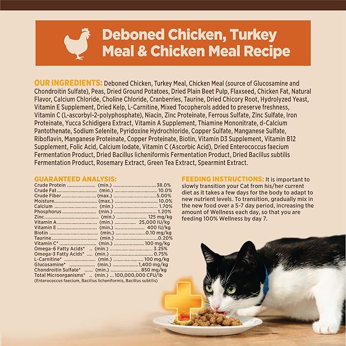 Wellness CORE+ Adult Dry Cat Food for Indoor Cats, Natural, Grain Free Kibble, Chicken and Turkey Recipe, 11 lb Bag