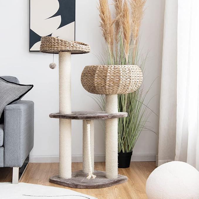 Tangkula Modern Cat Tree for Indoor Cats, Small/Tall Cat Tower with Natural Sisal Scratching Post, Hand-Made Wicker Cat Condo & Top Perch, Funny Hanging Toy Ball, Cute Cat Tree Tower for Large Cats