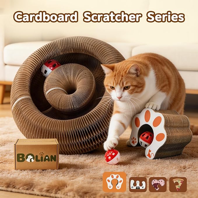 Magic Organ Cat Scratcher, Foldable Accordion Scratching Board with Bell Ball, Recycled Cardboard Interactive Scratch Pad, Reversible Infinity Toy for Indoor Cats
