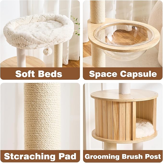 Solid Wood Cat Tree Tower with Scratching Post, 61 inch Multi-Level Cat Towers with Large Soft Cloud-Like Bed, Modern Cat Tower with Wood Spacious Condo with Removable Cushion for Indoor Cats
