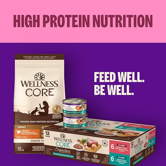 Wellness CORE Signature Selects Flaked Adult Canned Wet Cat Food, Natural, Protein Rich, Grain Free, Yellowfin Tuna and Mackerel Entrée Recipe, 2.8 oz, Pack of 12 Cans