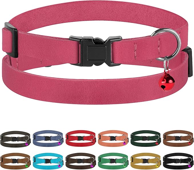 Muromto Breakaway Cat Collar Leather Soft Adjustable Pet Kitten Collars with Bell Pink Brown Blue Green Red (Pink)