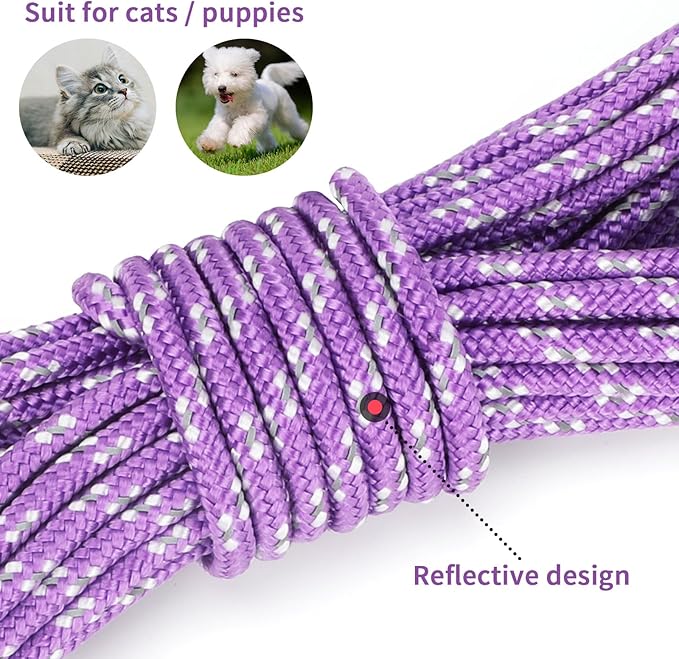 Rypet Reflective Cat Long Leash - 50 FT Escape Proof Walking Leads Yard Long Leash Durable Safe Personalized Extender Lead Traning Play Outdoor for Kitten, Puppy, Rabbit and Small Animals(Purple-L)