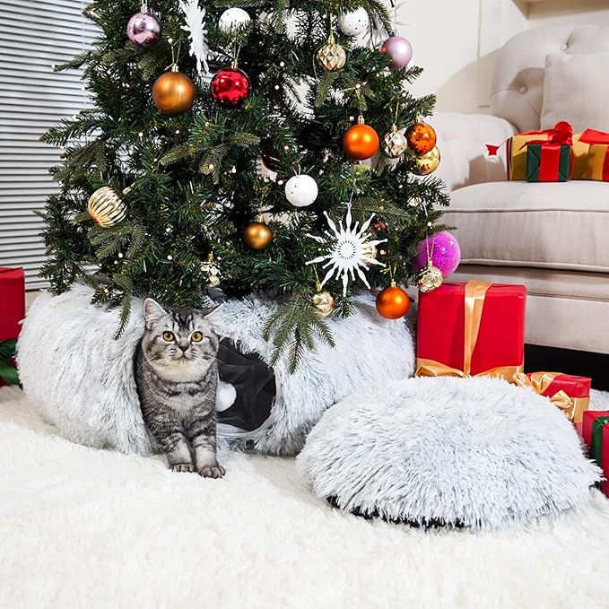 Cat Tunnel Bed for Indoor Cats, Under Christmas Tree Skirt, Donut Tunnel Toys for Multiple & Large Cats, Bed Cave Hideaway for Kitten, Rabbit, Puppy, Gray