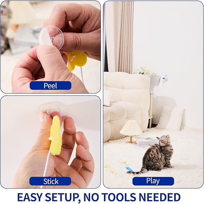 Hanging Cat Toy for Door - Self Play Interactive Toy with XL Mouse & Fish on Extra-Long Elastic Cord (up to 77"), Includes 2 Extra Pre-Assembled Cords & No-Drill Hook for Indoor Cats