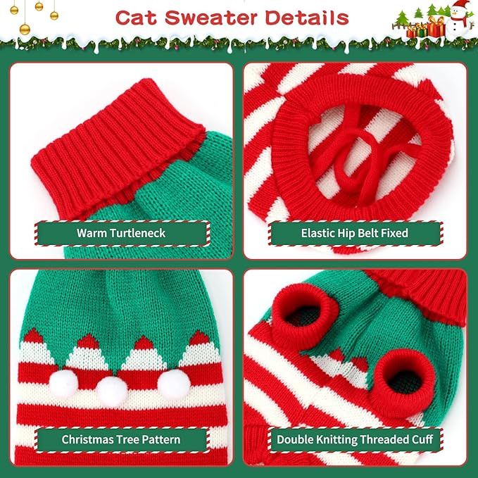 BWOGUE 2 Packs Cat Christmas Sweater Dog Sweaters Pet Cat Winter Knitwear Warm Clothes Christmas Tree with Ball Pet Sweaters for Kittys and Small Dogs