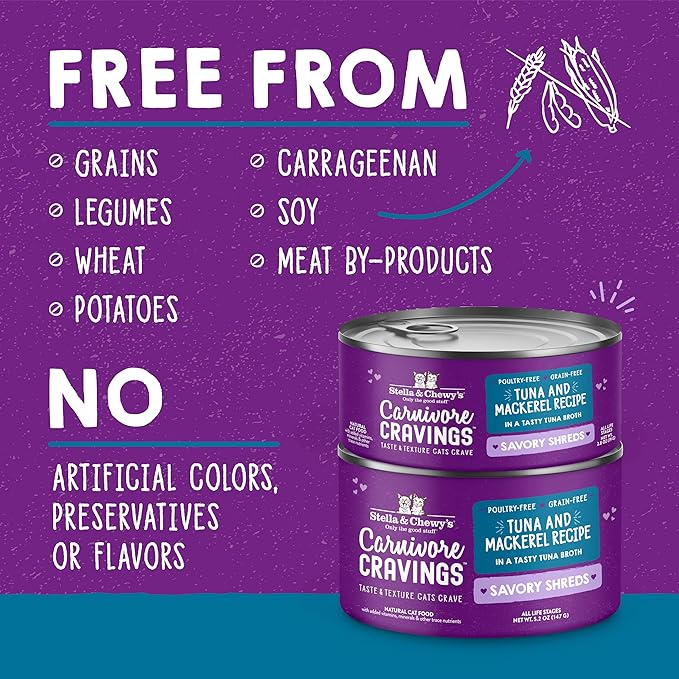 Stella & Chewy's Carnivore Cravings Savory Shreds Cans – Grain Free, Protein Rich Wet Cat Food – Wild-Caught Tuna & Mackerel Recipe – (5.2 Ounce Cans, Case of 24)