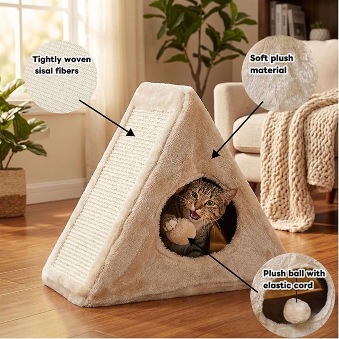 Cat Bed, 18"x10"x15.5" Creamy White Foldable Cat Beds for Indoor Cats, Cat House with Scratcher Board for Small Cats and Kittens