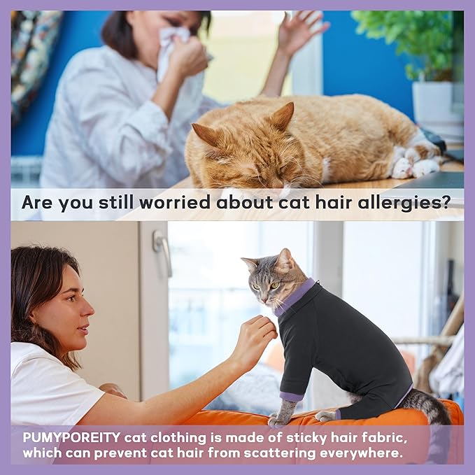 PUMYPOREITY Cat Anti-Licking Sweater – Reduce Over-Grooming & Fur Shedding, Daily Wear Shirt for Calm Cats, Soft & Breathable Skin Protection,Black,XS