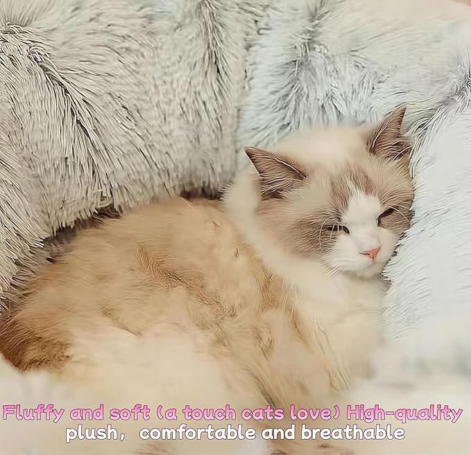 Cat Bed, cat Tunnel, Foldable Machine Washable Plush cat Bed, Grey (33.46 inches), with Hanging Toys, Suitable for Multiple