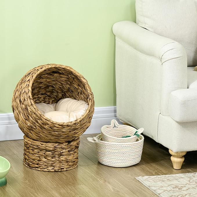 PAWHUT Egg Chair Rattan Elevated CAT Bed with Removable Cover, 17-in, Brown