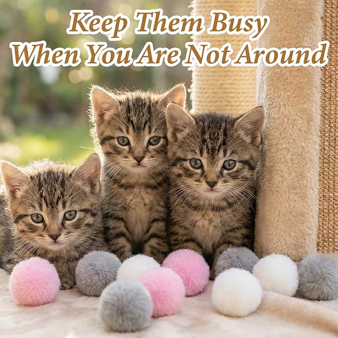 Abeillo 9 Pieces Furry Cat Toys Fuzzy Cat Balls Toys Pom Pom Kitty Ball Cute Rolling Cats Toy Artificial Plush Ball (Pink, Grey, White)
