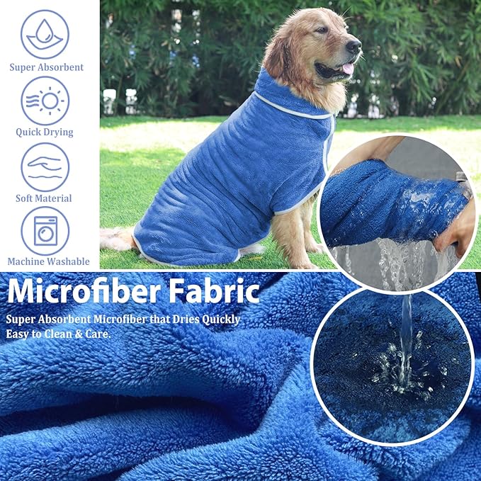 Dog Bathrobe Towel Dog Drying Coat - Super Absorbent Towels Bath Robe for Dogs Large, Soft Adjustable Collar & Belly Strap Fast Drying Coat Pet Cat Bath Robe (Medium Blue‌, Small)