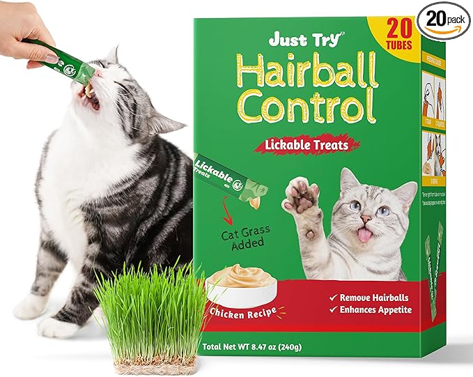 Just Try 20 Tubes Creamy Lickable Cat Treats, Healthy Cat Grass Treats, Hairball Control Relief Functional with Taurine & Vitamin E for Cats