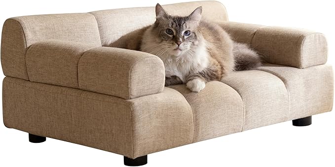 Paws & Purrs Puffer Pet Sofa Bed, Dog or Cat Couch with Tufted Cushion and Armrest, Stylish Indoor Pet Furniture, Sand